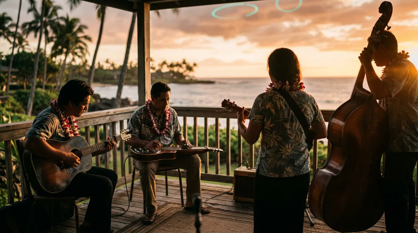 A Hawaiian trio plays slack-key guitar, lap steel guitar and ukulele on a wooden lanai at sunset, with palm trees behind and faint rings of teal light in the air.