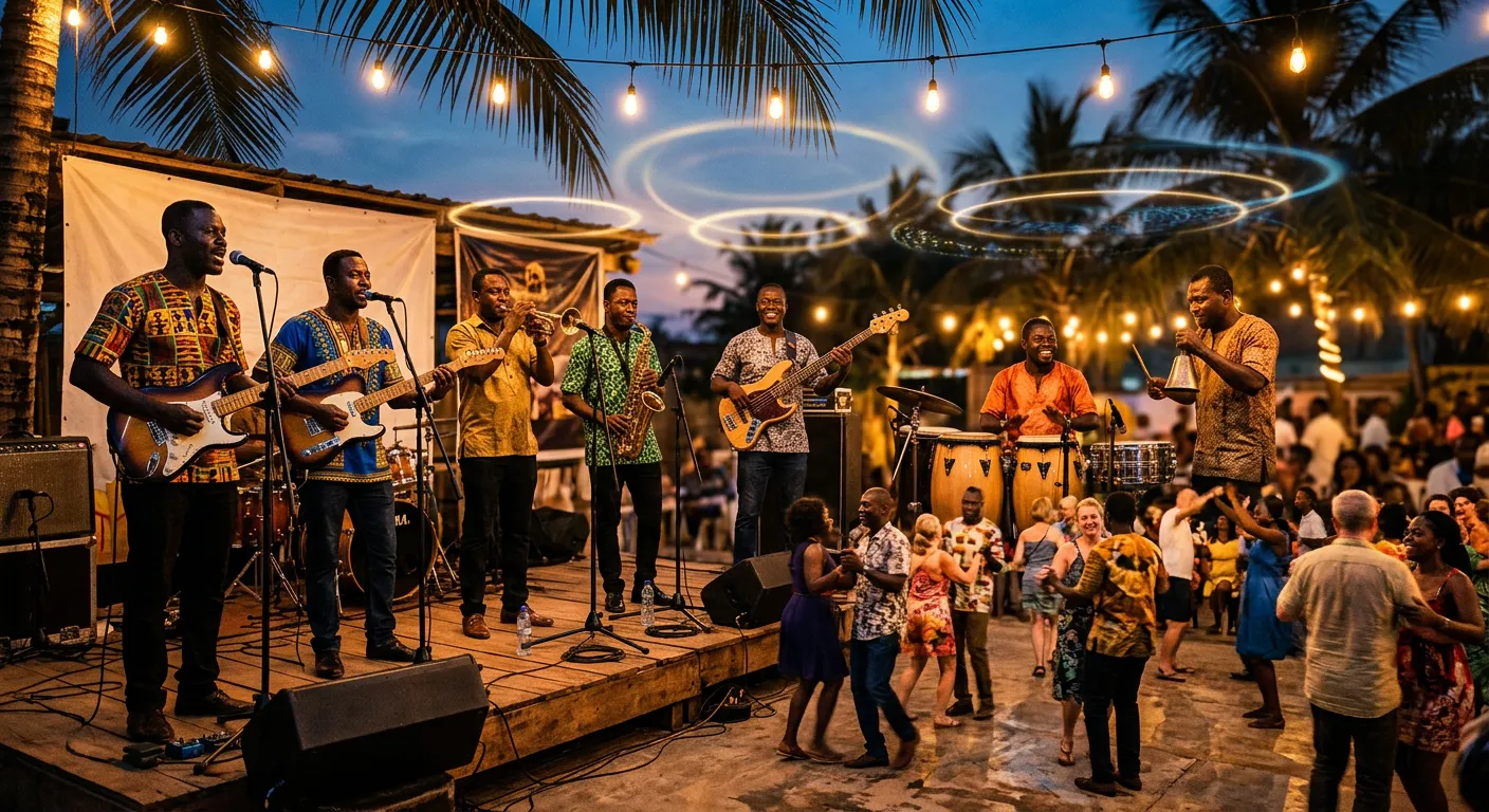 A Ghanaian highlife band with two electric guitars, a horn section, bass and congas playing on an open-air stage in Accra at dusk while people dance, with faint rings of light floating in the air.
