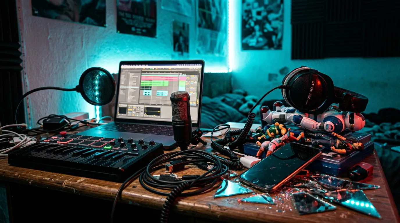 A night-time bedroom studio desk with a glowing laptop DAW, microphone and headphones, lit by cyan LEDs and a red rim light on glitter fragments.