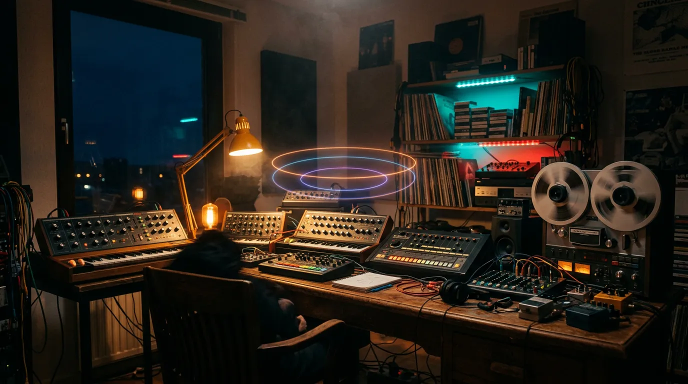 A cluttered home studio at night with vintage synthesizers, a drum machine and tape machine glowing teal and amber, faint light rings floating in the dim air.