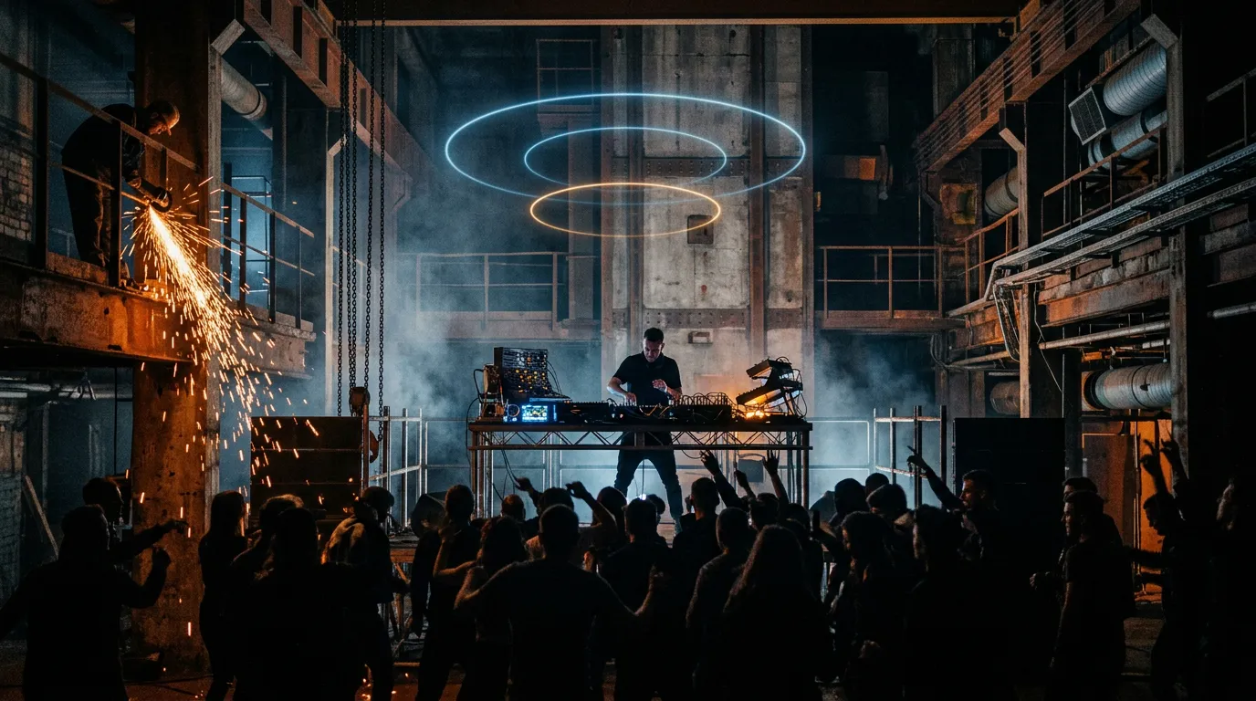 A dark industrial club with rusted steel machinery, orange sparks and cold blue light in smoke, a performer at a synth rig and faint glowing rings of light overhead.