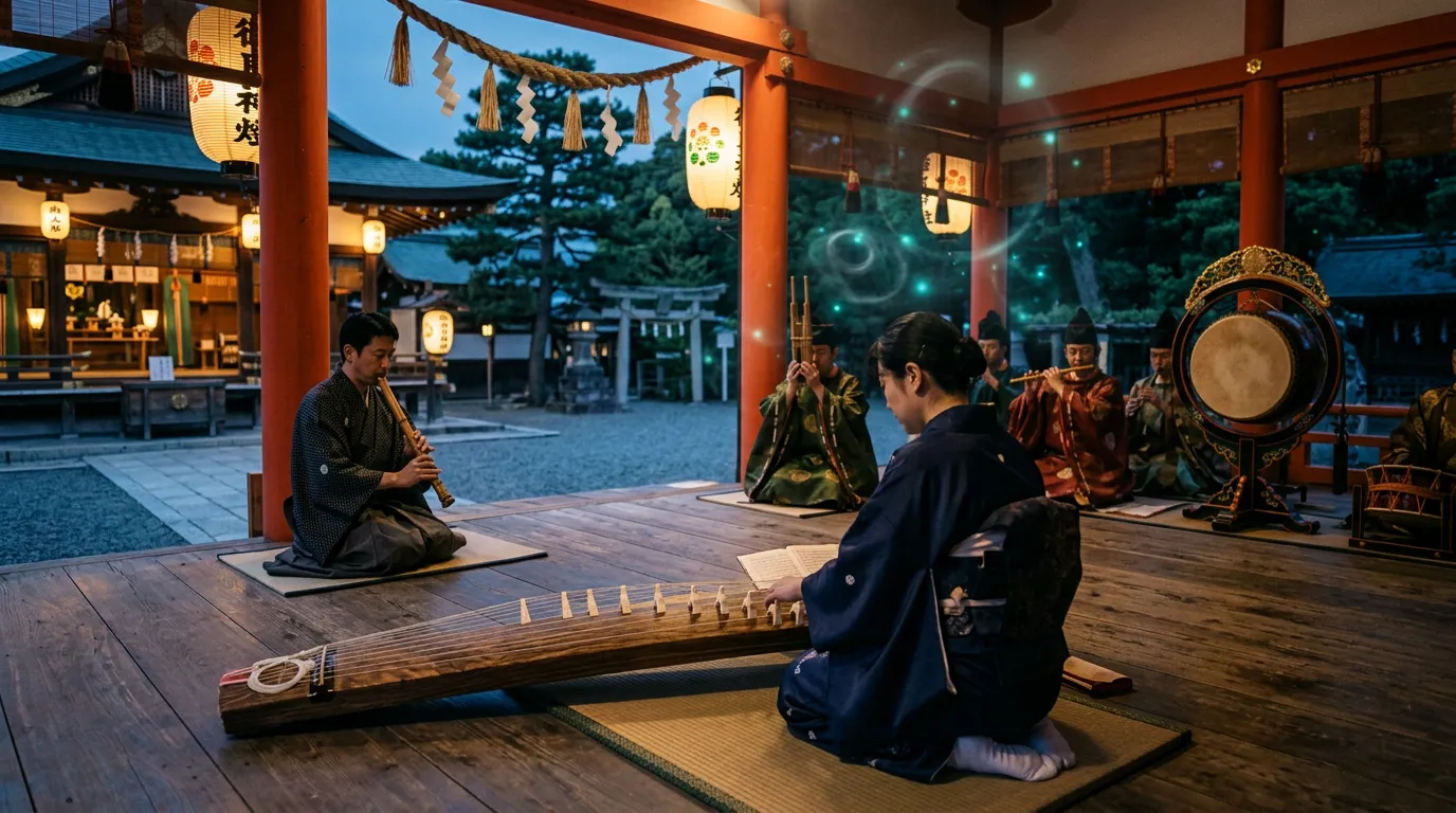A Japanese ensemble plays koto, shakuhachi and shō on a wooden shrine stage, with faint rings of teal light floating in the still air.