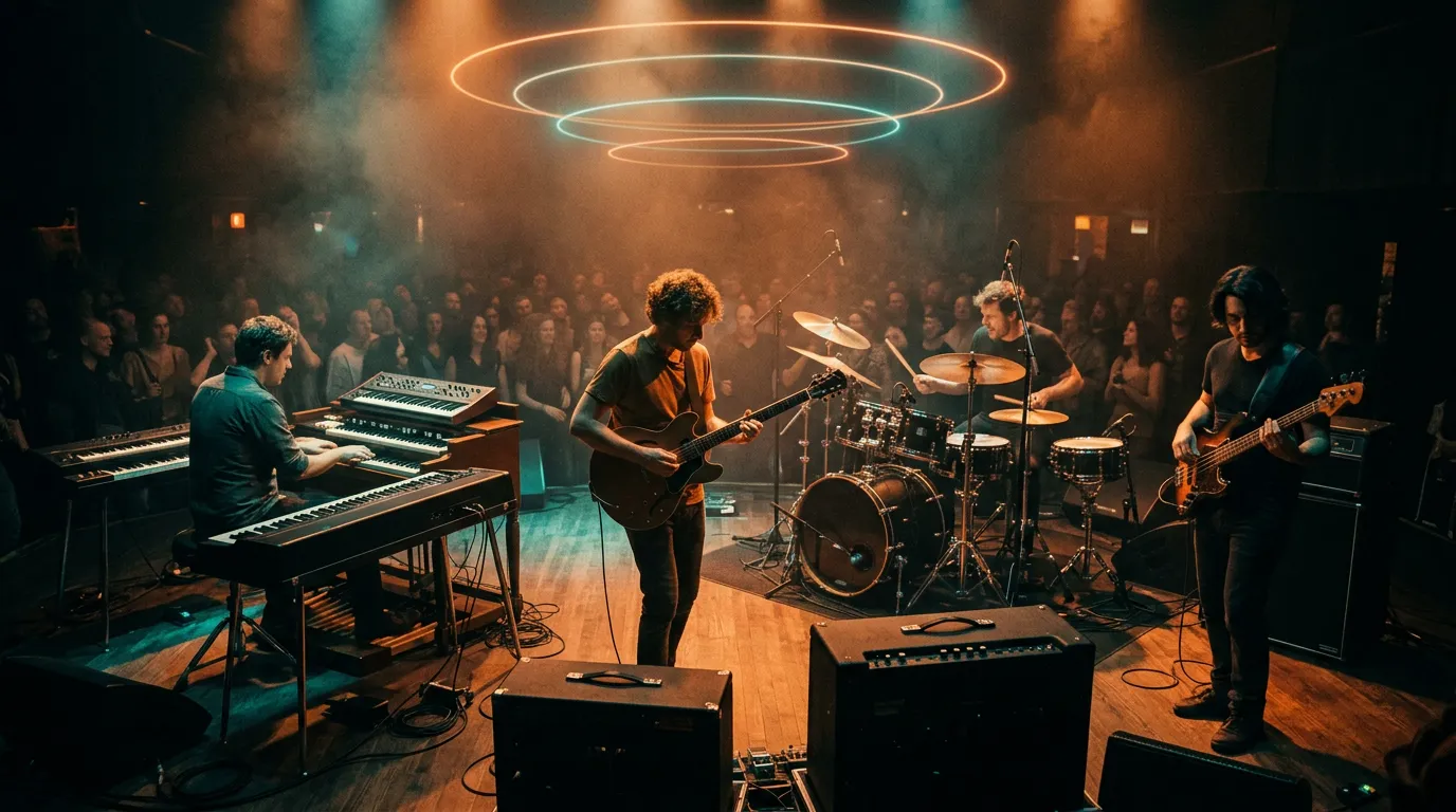An electric jazz band playing on a small concert stage with guitar, keyboards and drums under warm amber and teal light, faint rings of light floating in the haze.