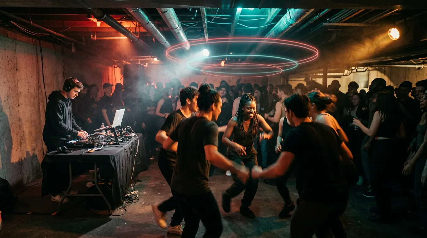 Dancers in a packed basement club party, a DJ with a controller and laptop behind them, red and teal lights, faint glowing rings of light floating above the crowd.