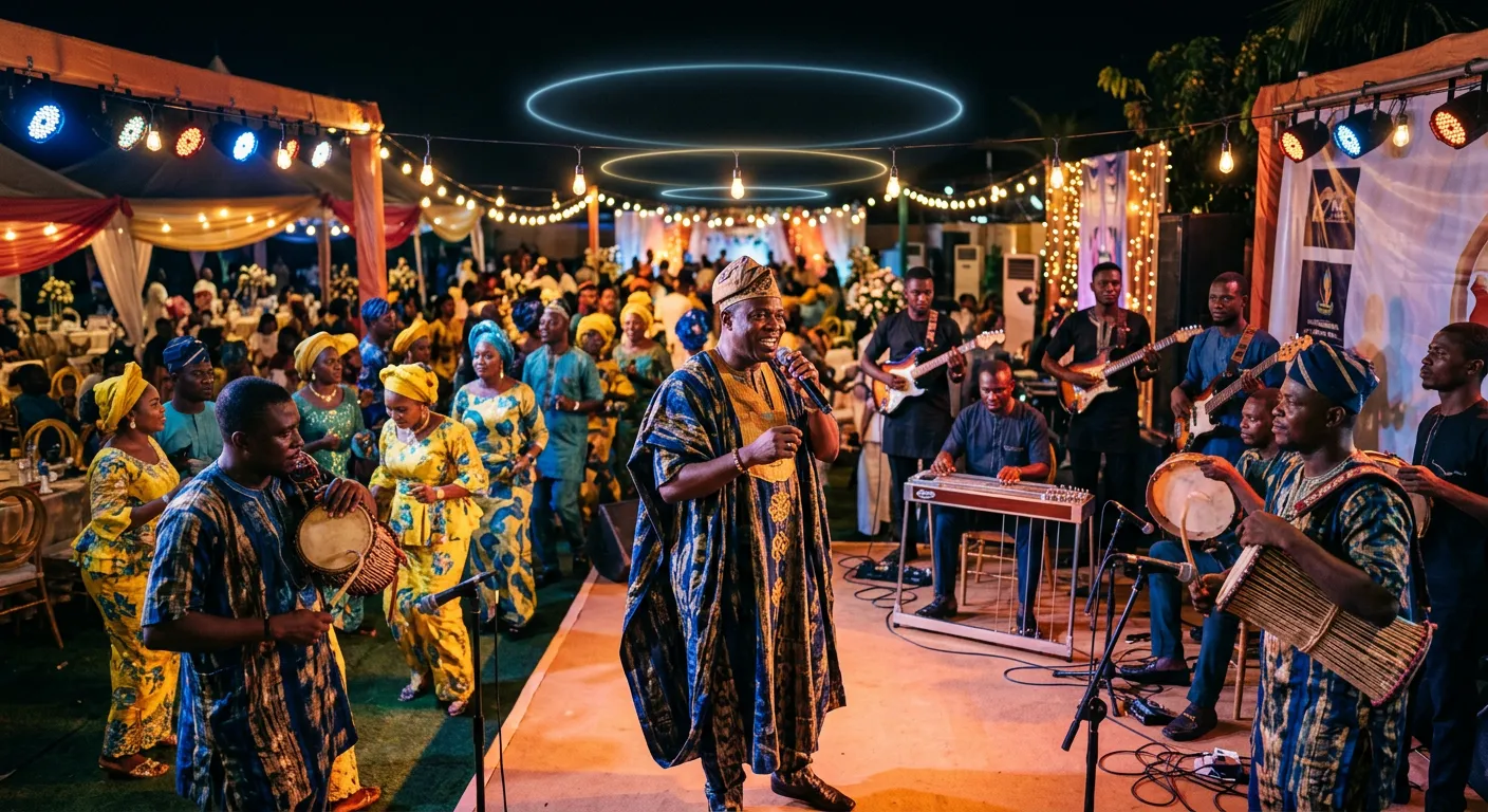 A Yoruba jùjú band with talking drums, several electric guitars, a pedal steel guitar and a lead singer with a chorus playing at a festive Lagos party under coloured lights, with faint rings of light floating in the air.