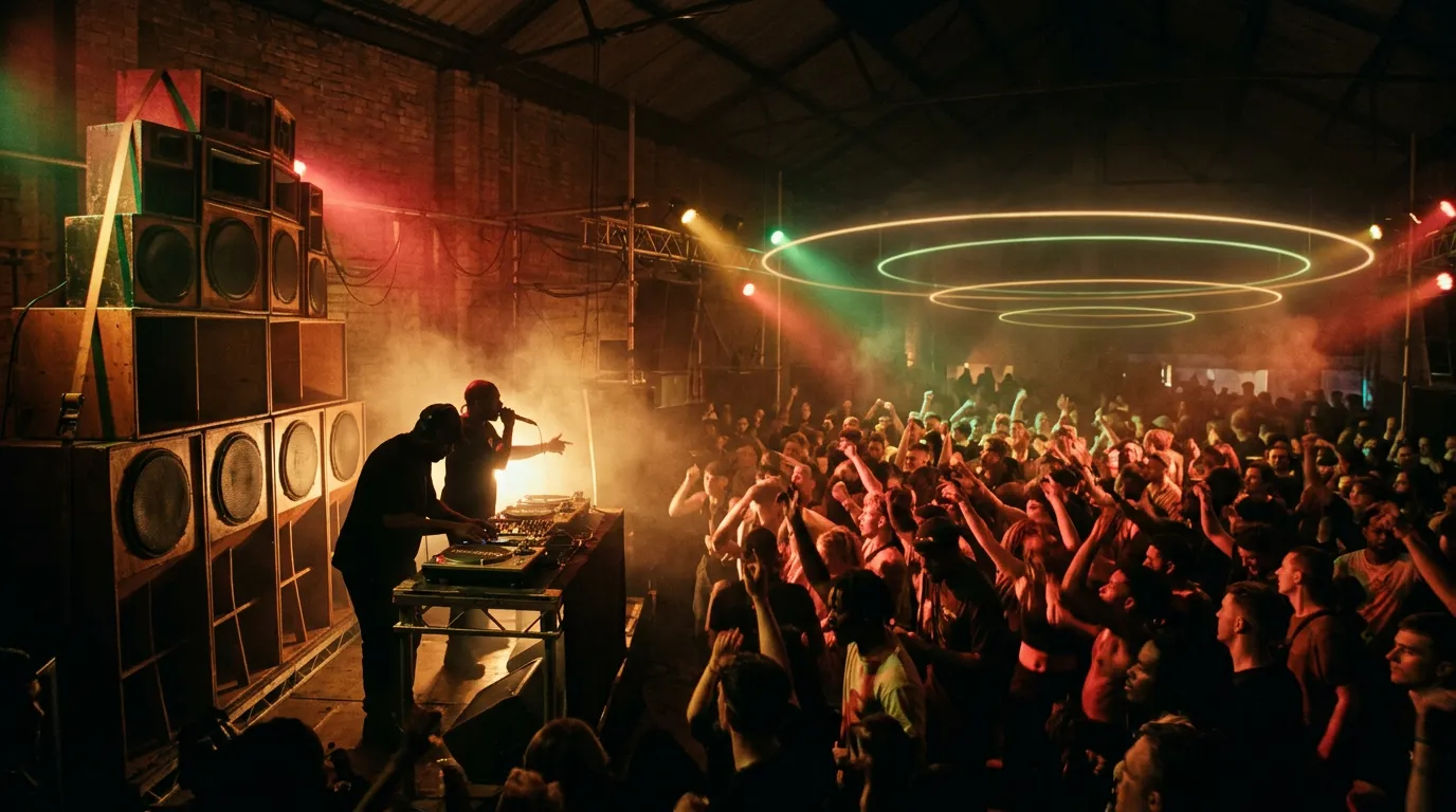 A towering wall of hand-built sound system speakers in a dark, smoky dance, red and green lights glowing and faint rings of light floating in the haze above the crowd.