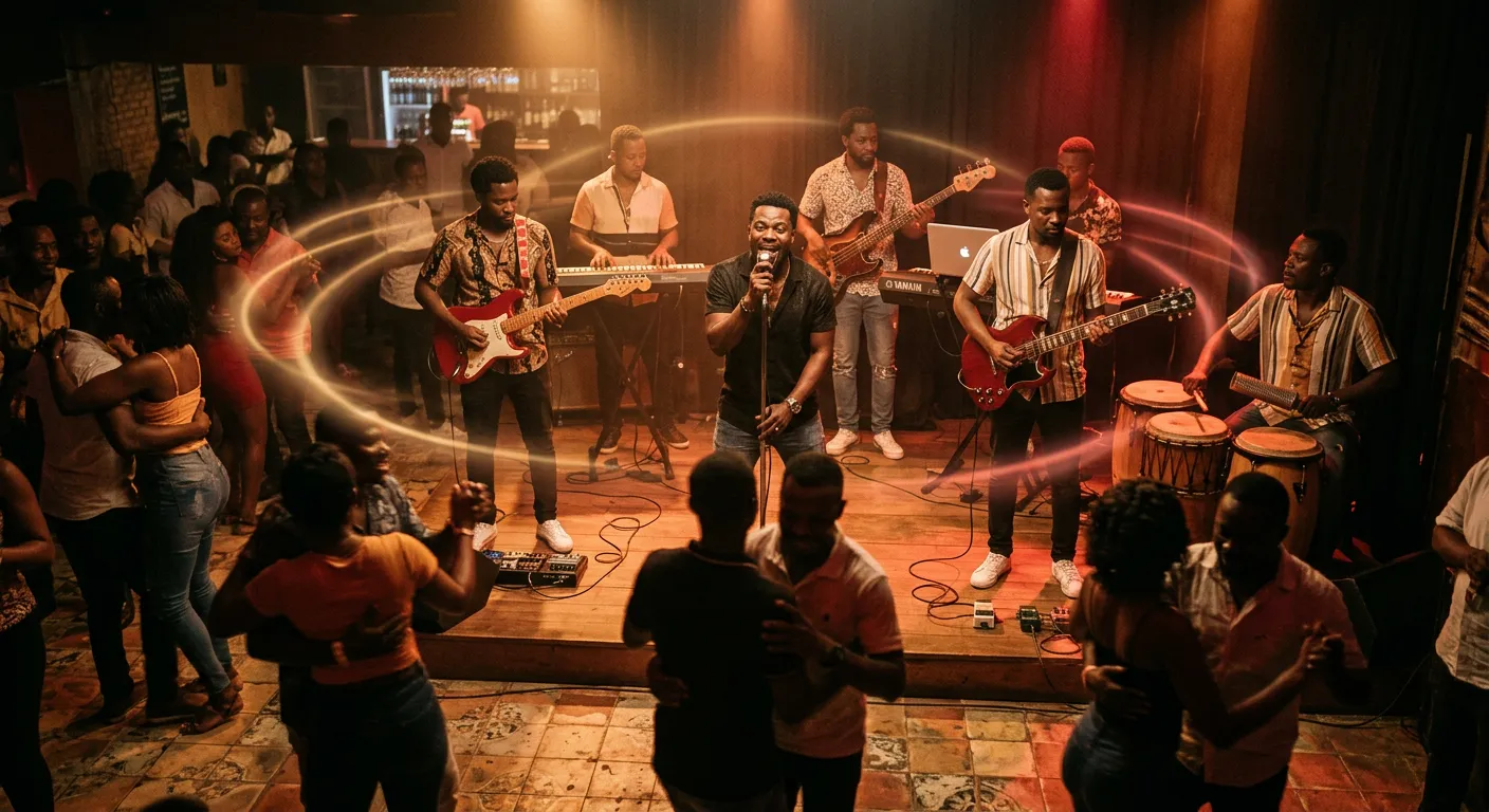 A semba band with a singer, electric guitars, bass and a dikanza scraper playing on a small stage in a Luanda dance hall while couples dance closely, with faint rings of light floating in the air.
