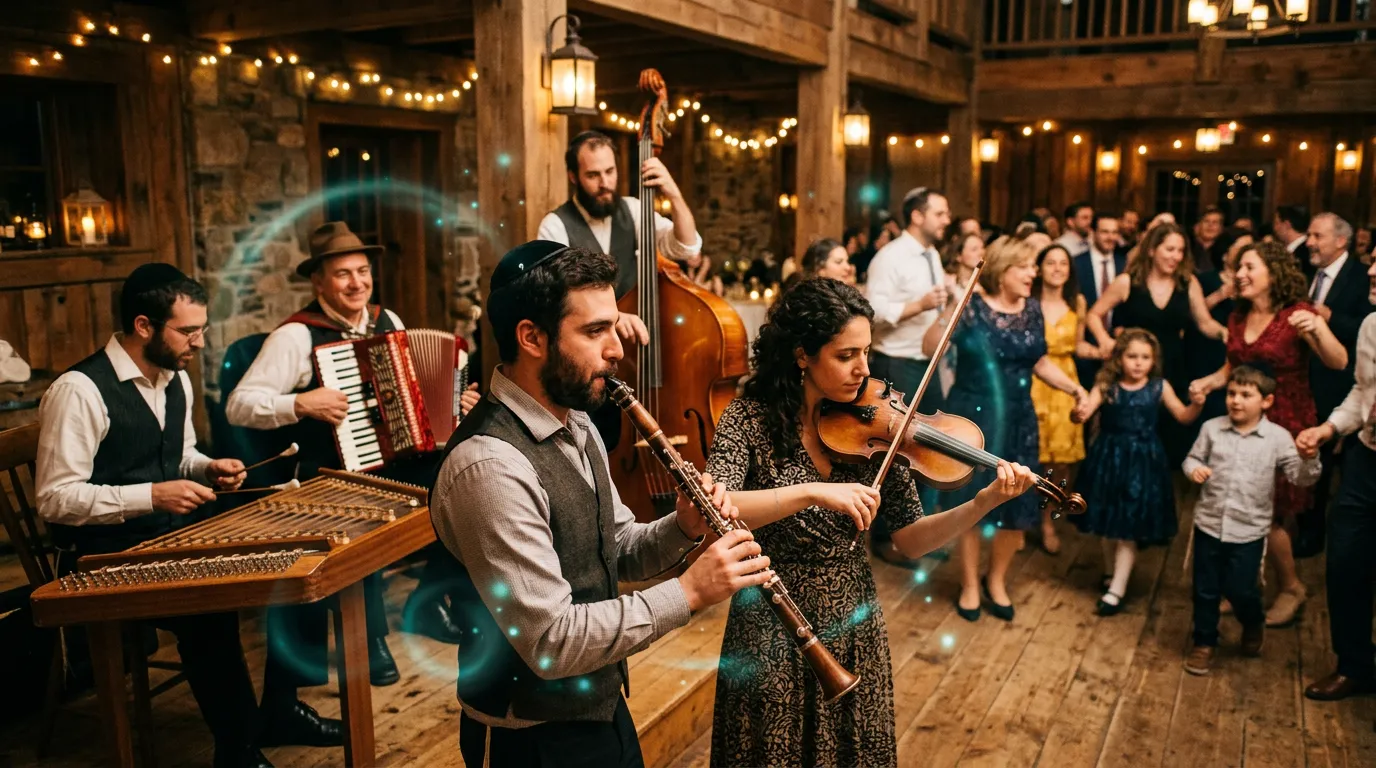 A klezmer band with clarinet, violin, tsimbl, accordion and double bass playing in a warm wooden wedding hall while guests dance in a circle, with faint rings of teal light in the air.