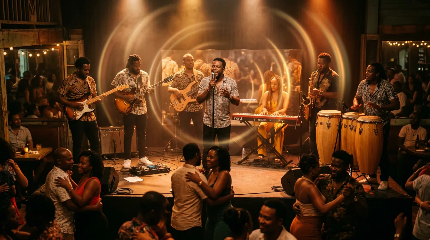 A kompa band with singer, electric guitars, bass, keyboards, saxophone and congas playing in a warm dance hall as couples dance close in front, with faint rings of light floating in the air.