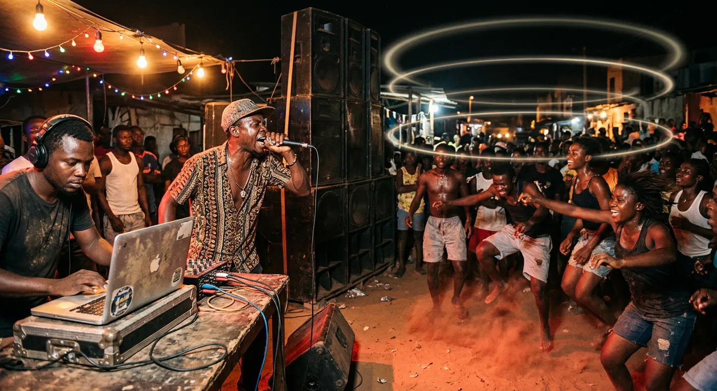A kuduro MC shouting into a microphone beside a DJ with a laptop and speaker stacks at a night street party in a Luanda neighbourhood while dancers jump, with faint rings of light floating in the air.