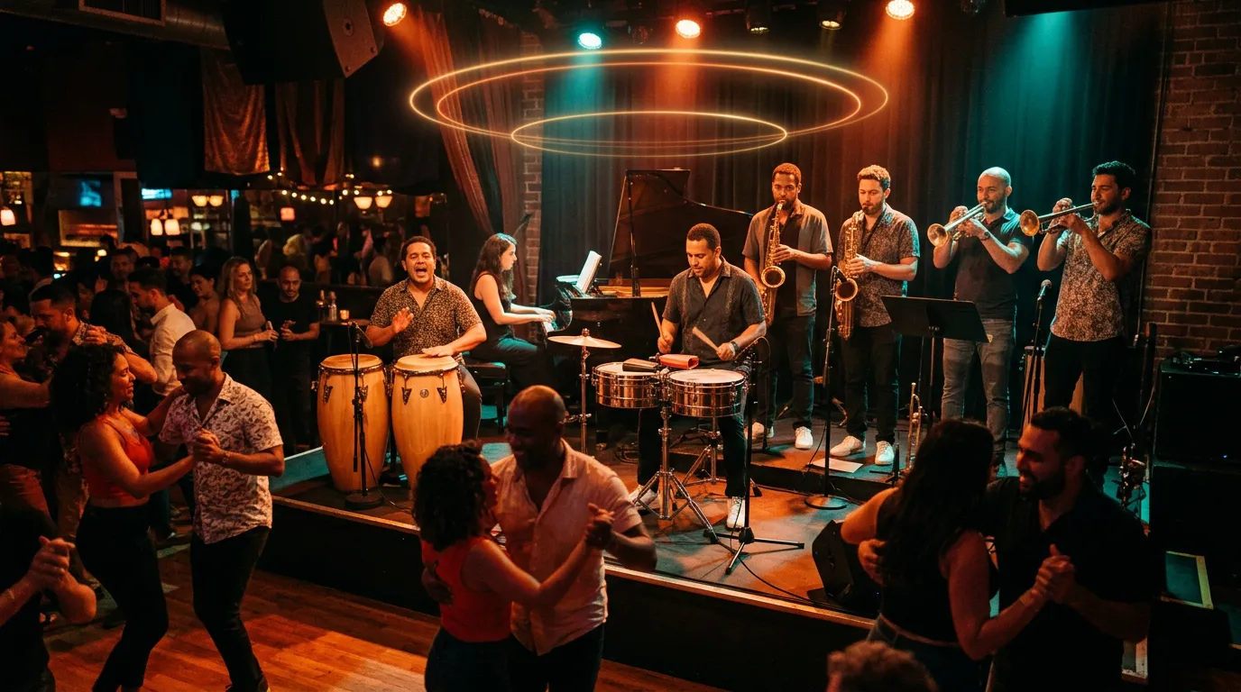 A Latin jazz band on a warm-lit club stage with congas, timbales and a horn section, dancers in the foreground and faint rings of light floating above.