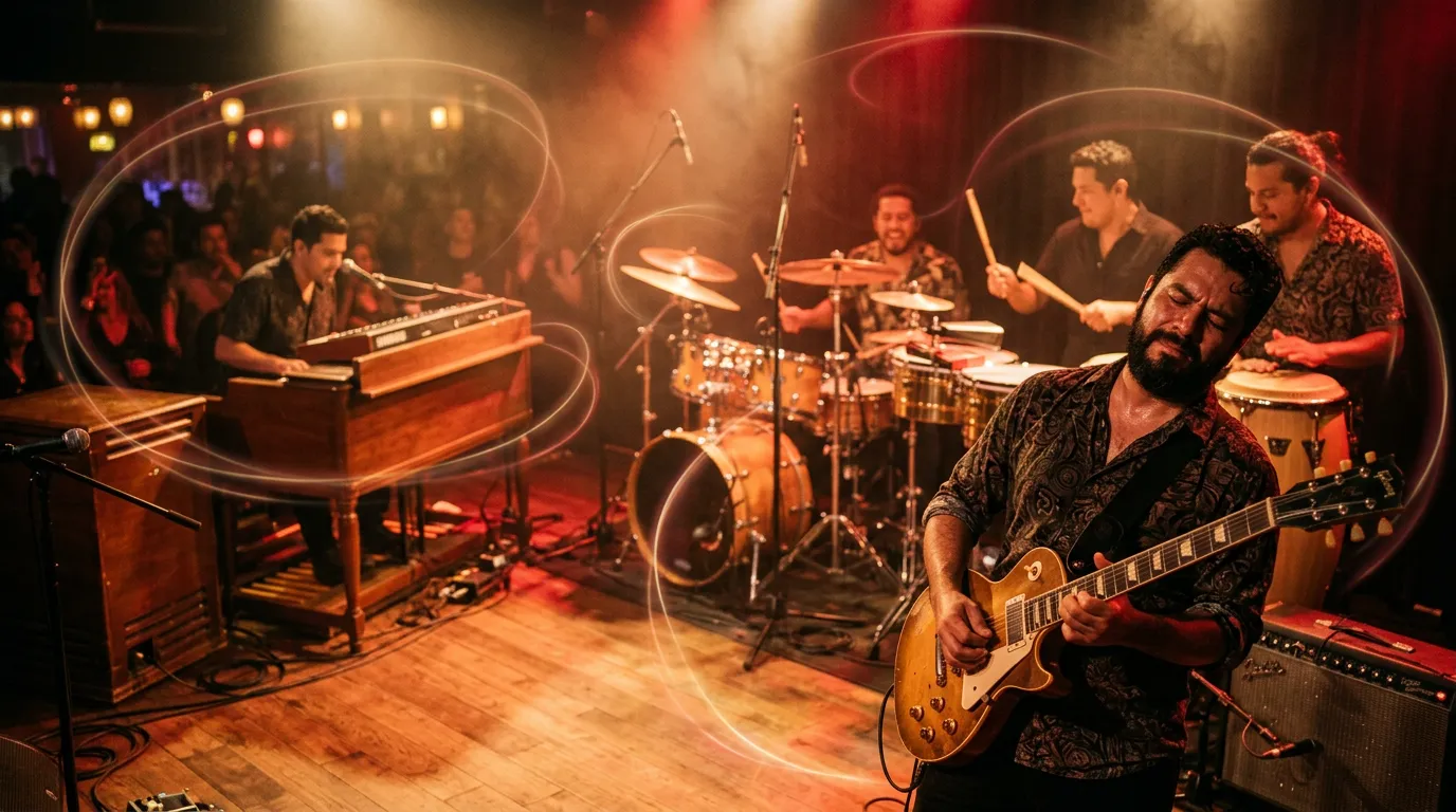 A Latin rock band with electric guitar, Hammond organ, drum kit, congas and timbales playing on a warm club stage, with faint rings of light floating in the air.