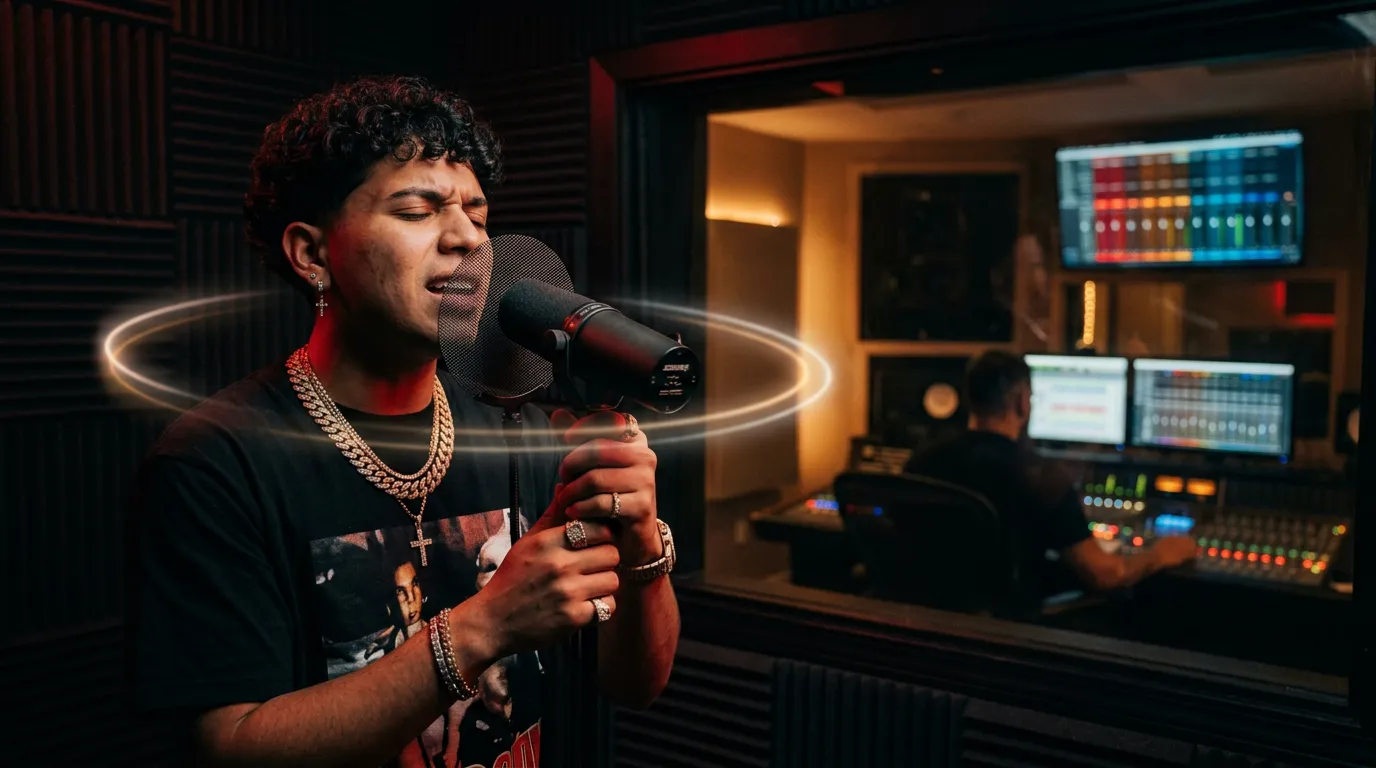 A Latin trap artist recording vocals in a dark studio booth lit by red and amber light, with speakers and a mixing desk behind the glass, with faint rings of light floating in the air.