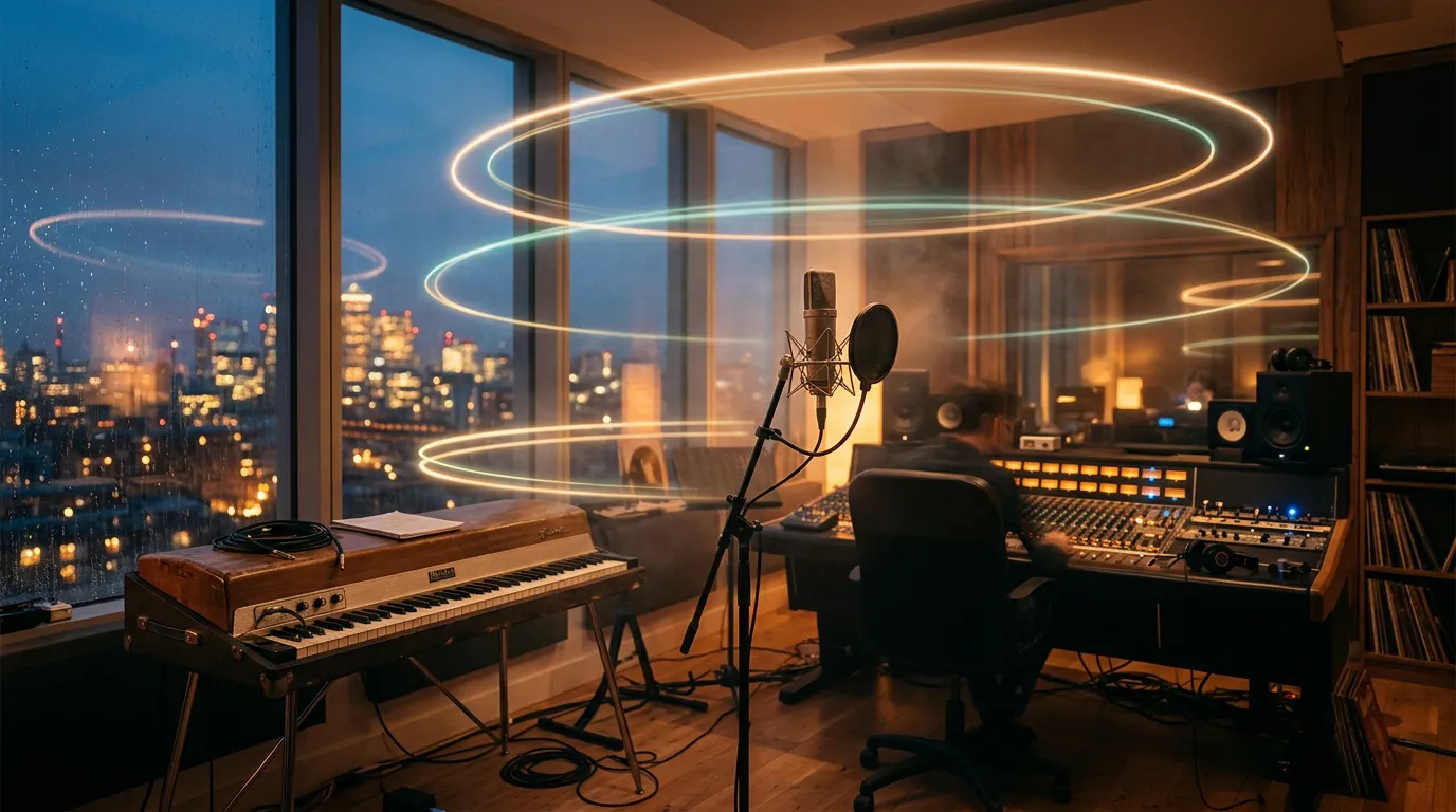 A producer at a studio desk with a Rhodes-style electric piano at dusk, warm amber and teal light through tall windows, faint glowing rings of light floating in the air.
