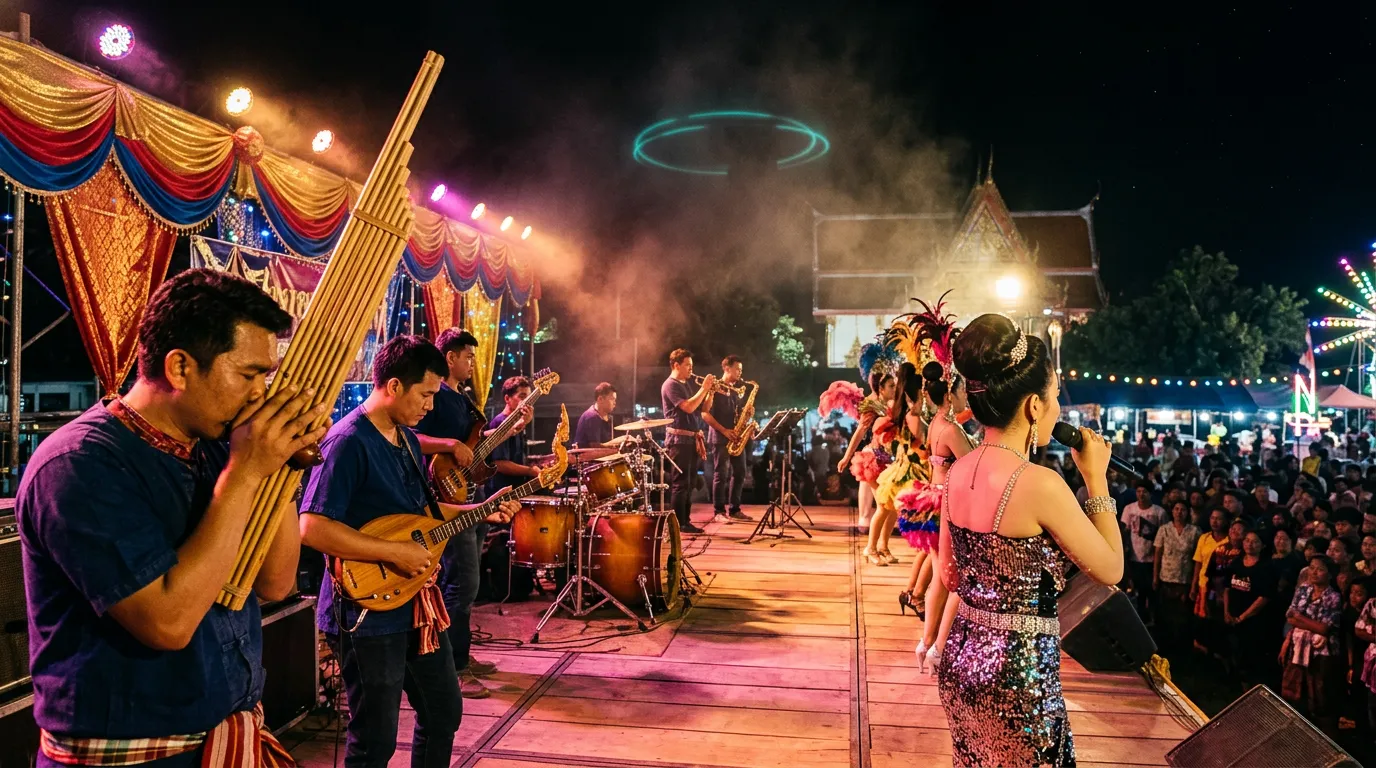 A Thai luk thung and mor lam band on an open-air temple fair stage at night, with a khaen player, a phin player and a singer under coloured lights and faint rings of teal light.