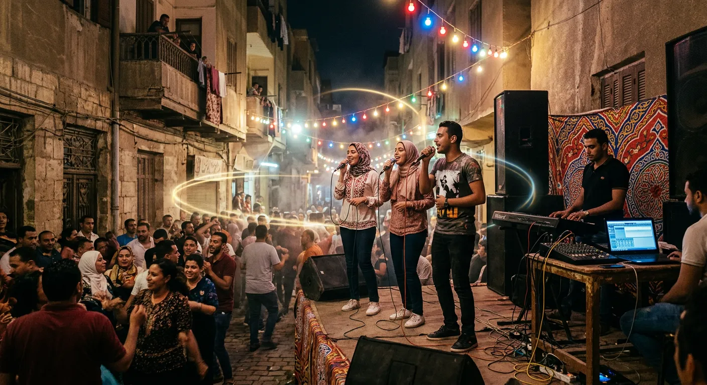 Young Egyptian singers with microphones and a keyboard player perform on a lit wedding stage in a crowded Cairo side street at night, speakers stacked high, with faint rings of light floating in the air.