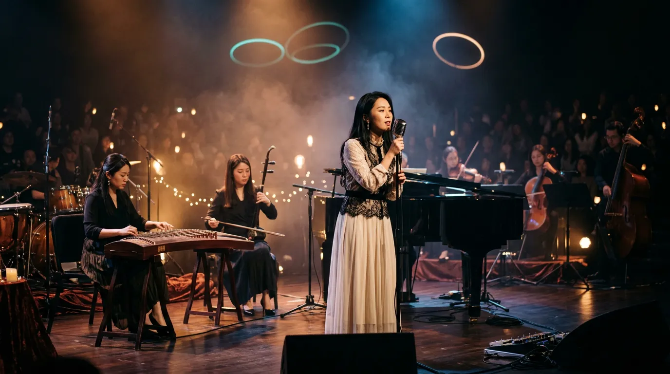 A Mandopop singer at a microphone on a softly lit stage, with a pianist, an erhu player and a guzheng player around her and faint rings of teal light in the air.