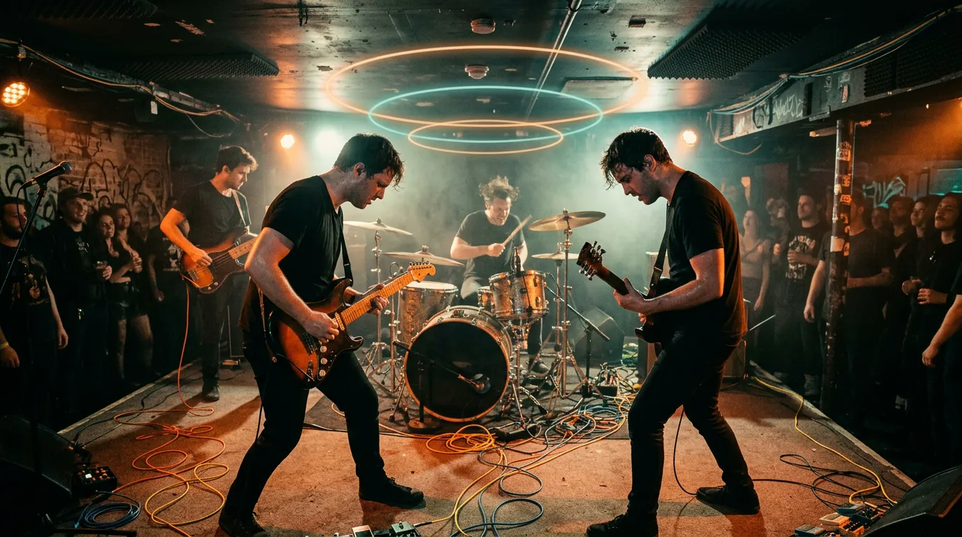 A small band playing in a cramped basement venue, two guitarists tapping fretboards under warm lights while faint rings of light float above their heads.