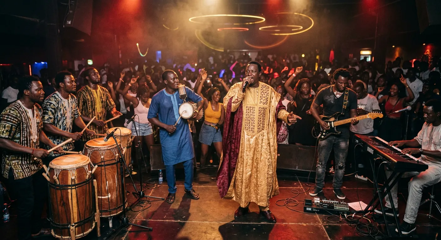 A Senegalese mbalax band with sabar drummers, a tama talking drum player, guitarist, keyboard player and a singer in a flowing boubou performing on a crowded Dakar nightclub stage, with faint rings of light floating in the air.
