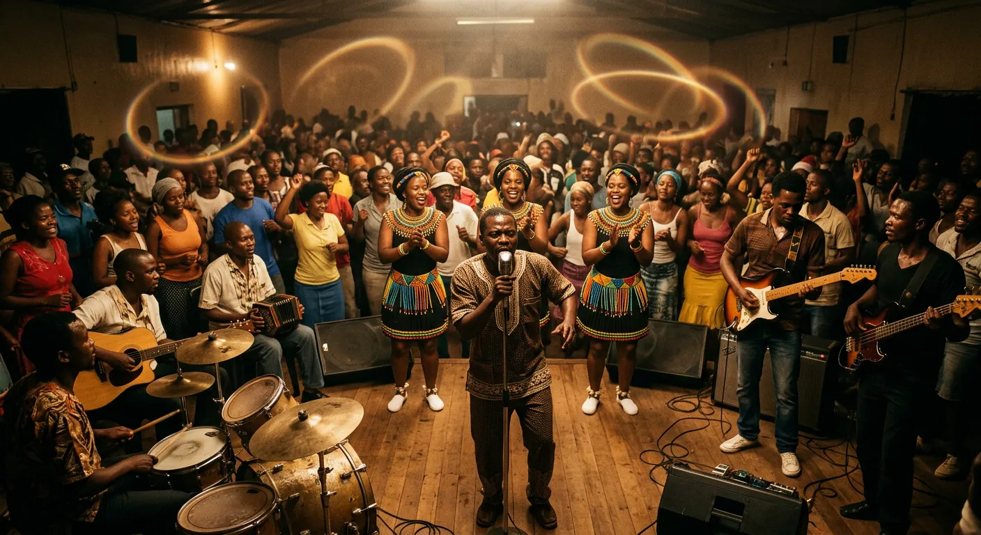 A South African township band with electric guitar, bass, drums, saxophone and three women singers in matching outfits performing in a crowded community hall in Soweto, with faint rings of light floating in the air.