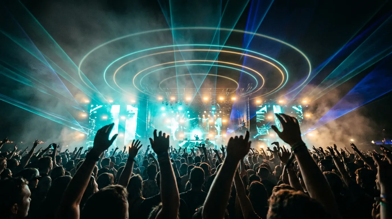 A festival crowd at night with raised hands silhouetted against a stage glowing teal and warm gold, misty lasers and soft concentric light rings floating above.