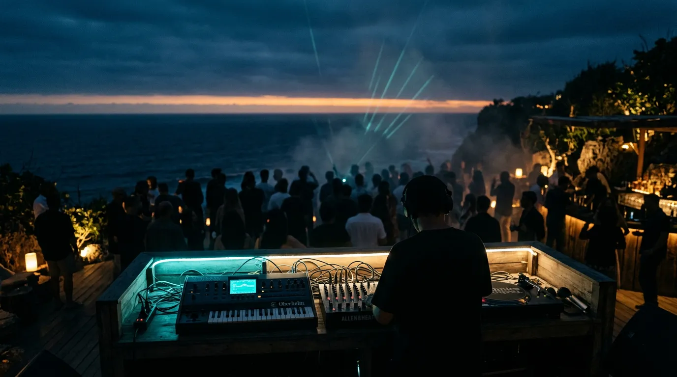 A DJ booth with a glowing synthesizer on a clifftop terrace at blue hour, a hazy crowd facing a dark sea and a thin amber sunrise line.