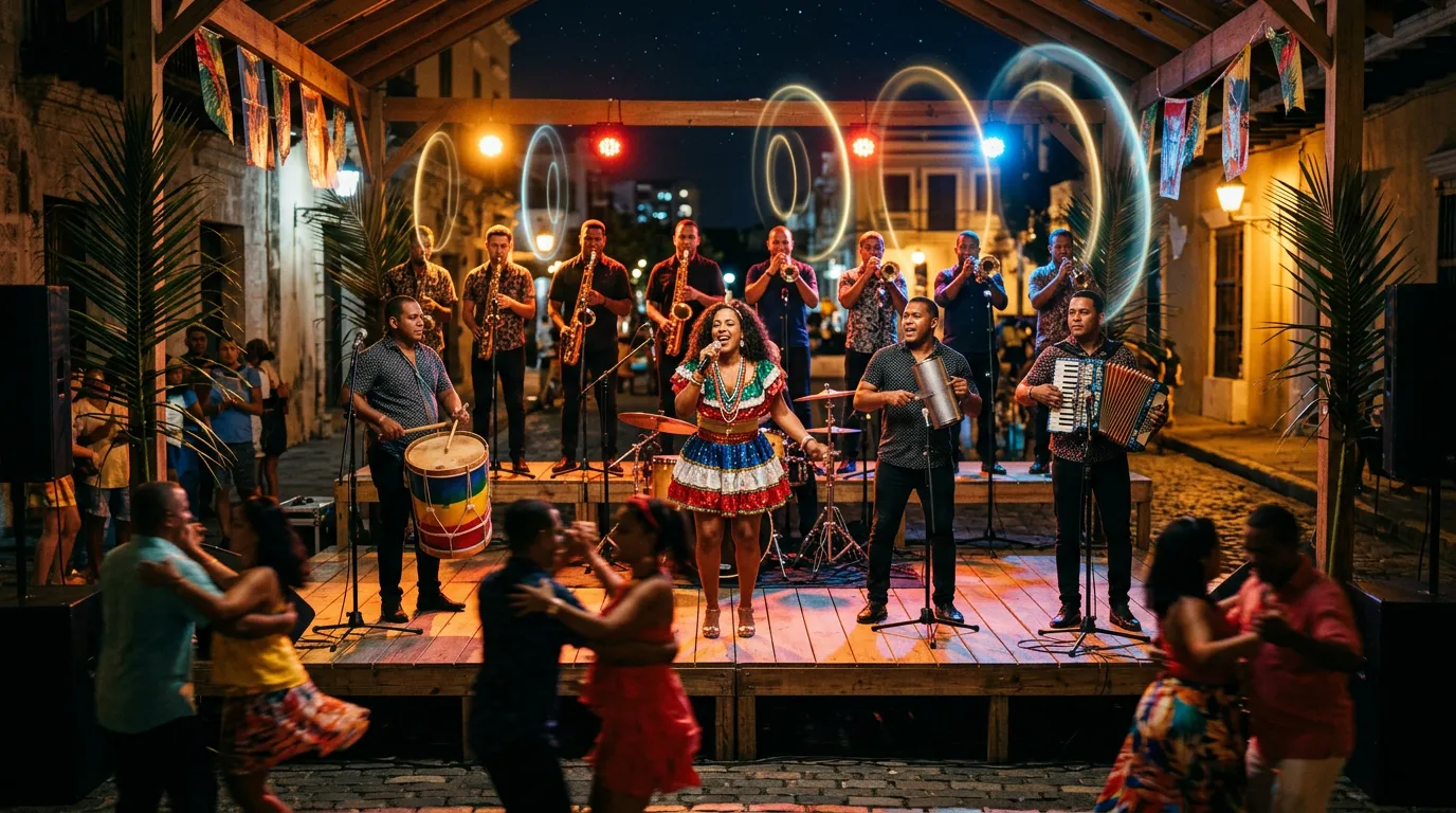 A Dominican merengue band with accordion, tambora, güira, saxophones and trumpets playing on an open-air stage in Santo Domingo at night while couples dance, with faint rings of light floating in the air.