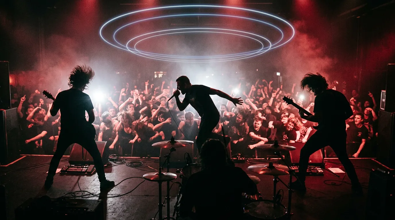 A packed club stage during a metalcore breakdown, the crowd mid jump under hard white and red light with faint rings of light floating above the band.