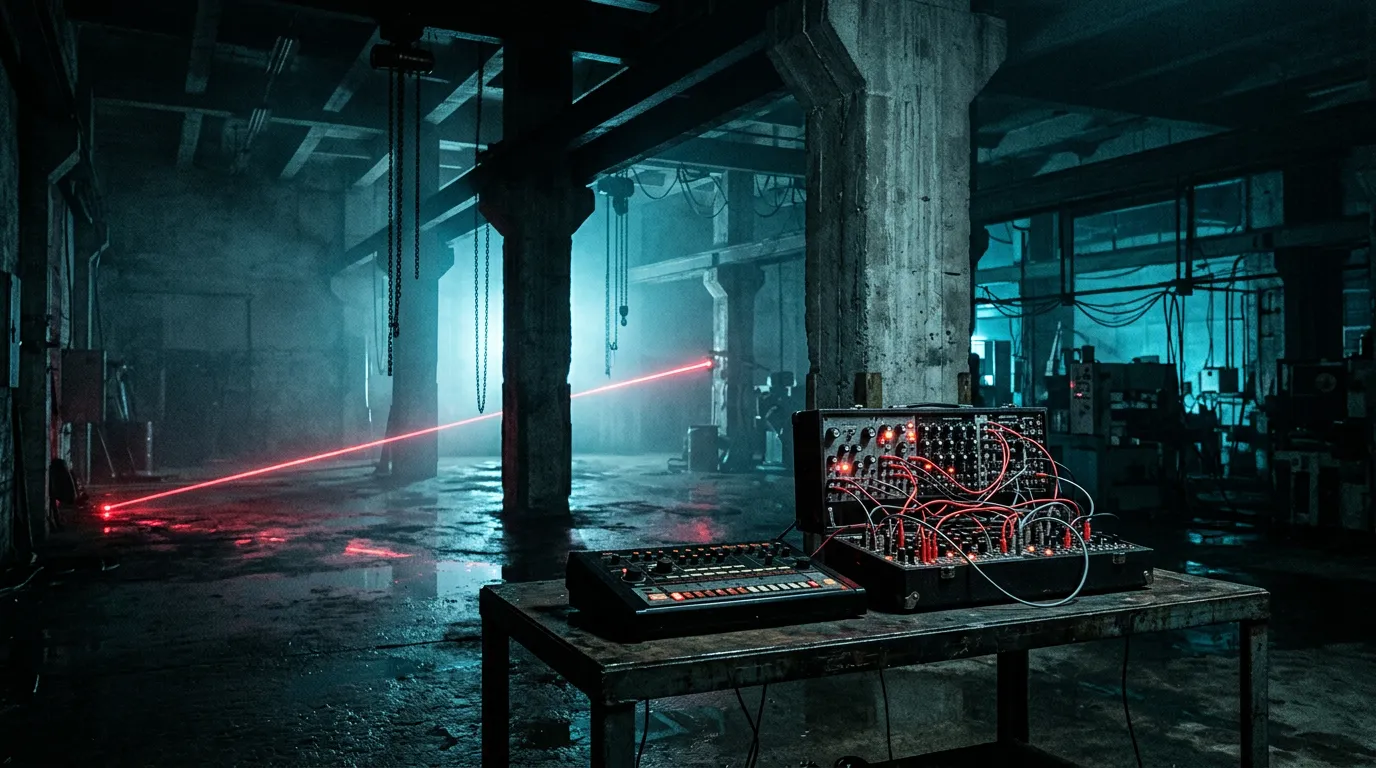 A drum machine and modular synth with red LEDs in a hazy concrete warehouse, cut by a thin red laser and outlined by cold cyan backlight.