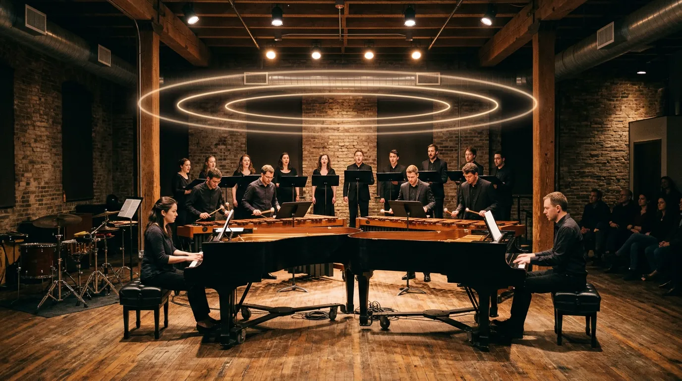 Two pianists at facing grand pianos and four marimba players in a bare concert space, warm stage light and faint rings of light floating above them.