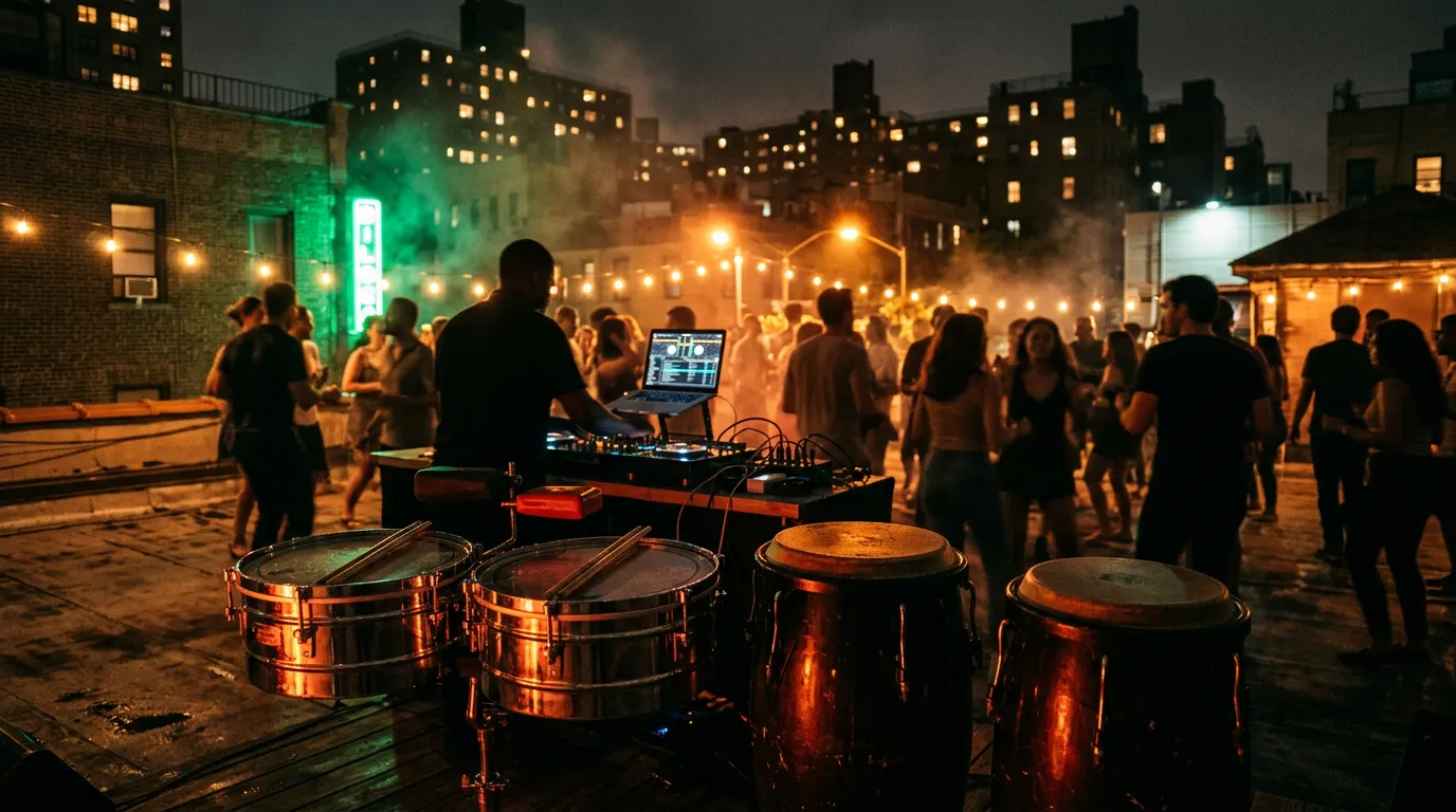 Chrome timbales and congas on a city rooftop at night, with a DJ table, amber string lights and green and red haze over dancing silhouettes.