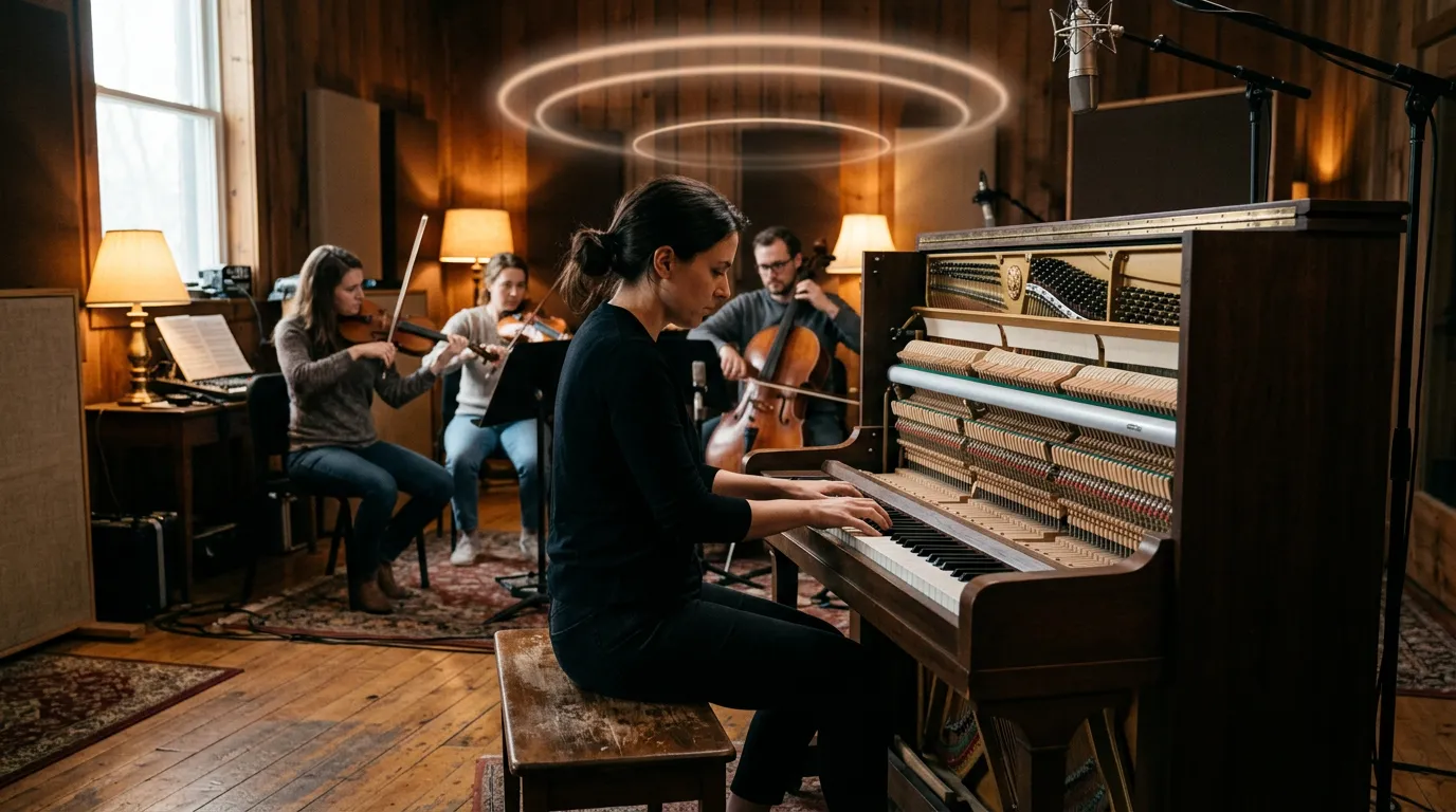 A pianist at an upright piano in a dim wooden studio with a small string group behind, warm lamplight and faint rings of light floating in the air above them.