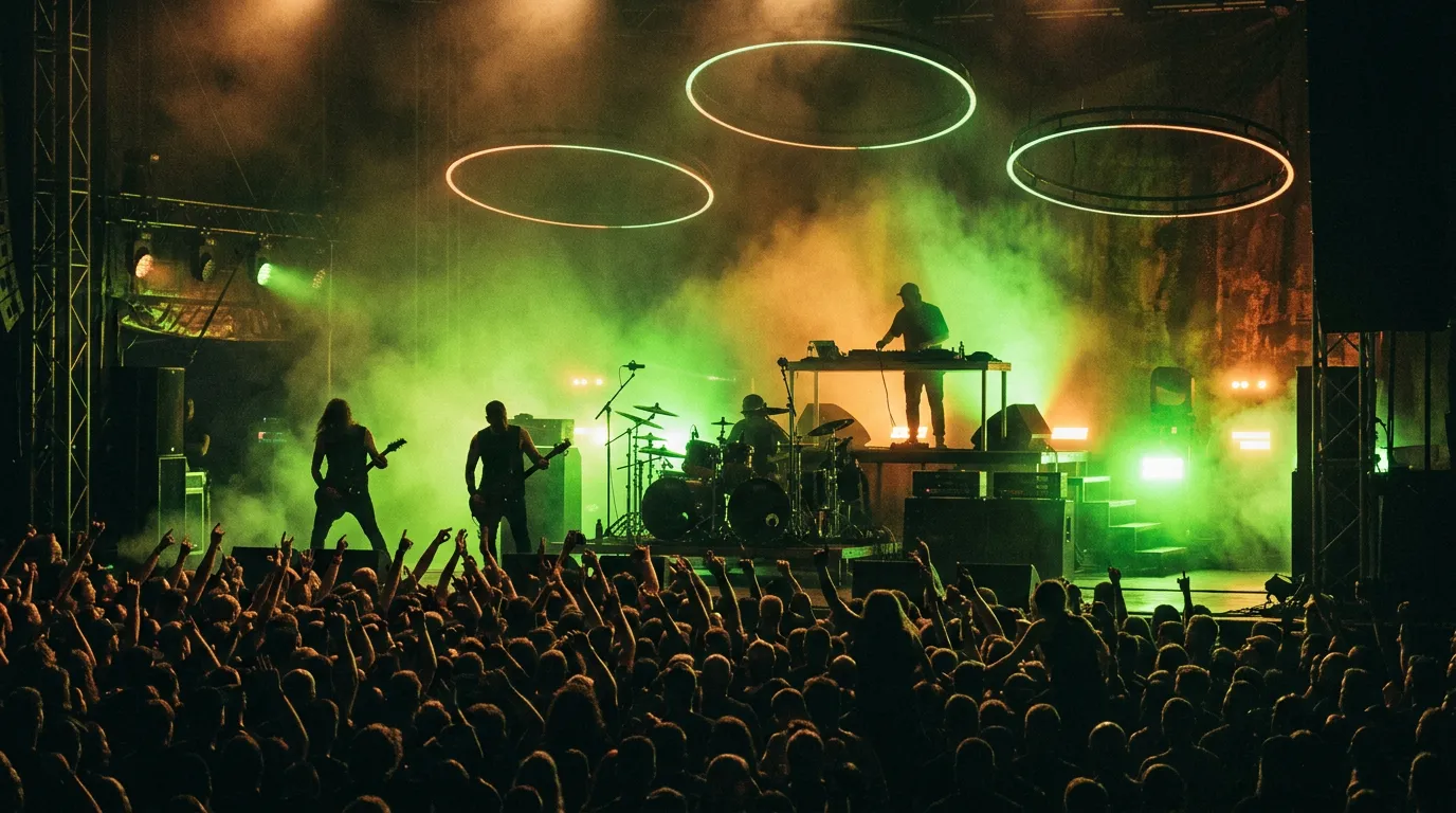 A heaving crowd in front of a festival stage at night, a band in silhouette under green and amber light with faint rings of light floating in the haze.