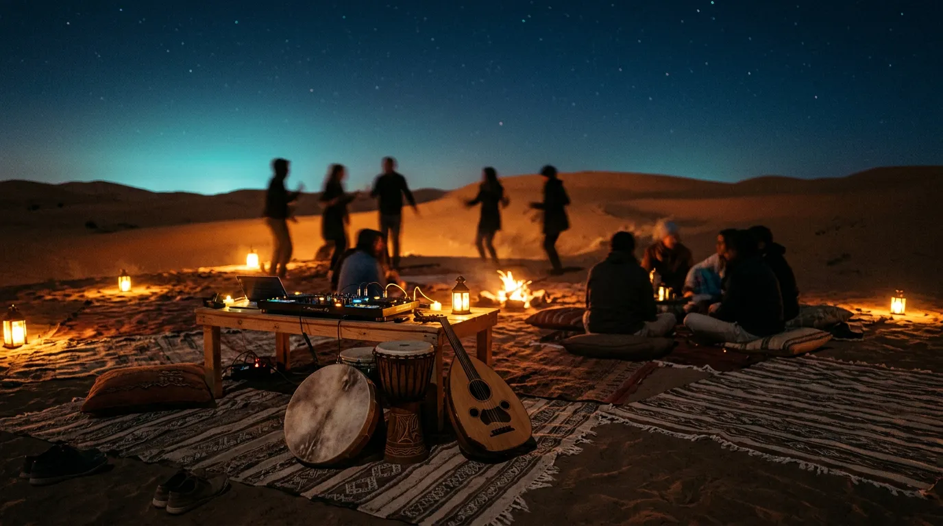 Hand drums and an oud on woven rugs beside a DJ table in desert dunes at night, lit by amber lanterns and a campfire under a deep blue sky.