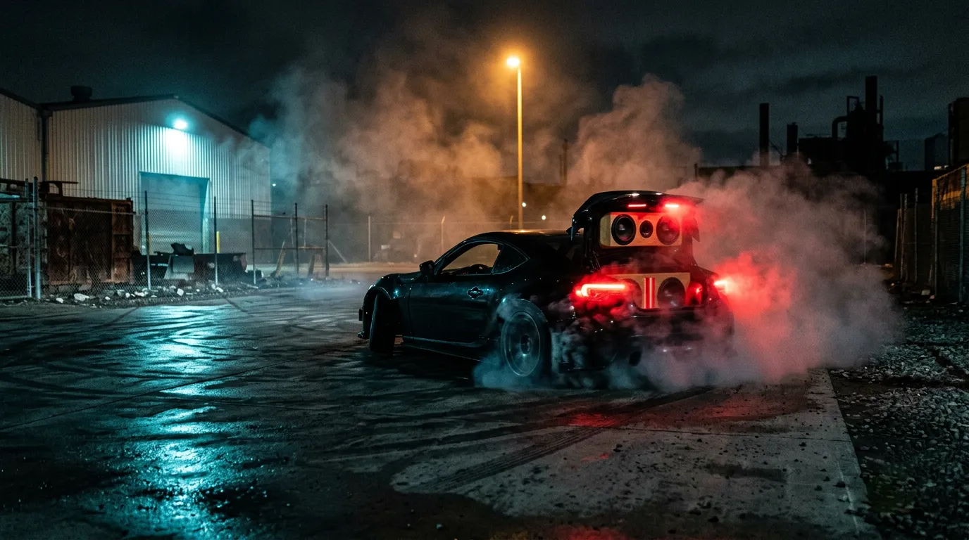 A badge-free sports car drifting through red-lit tyre smoke in a wet industrial lot at night, an amber street lamp glowing behind it