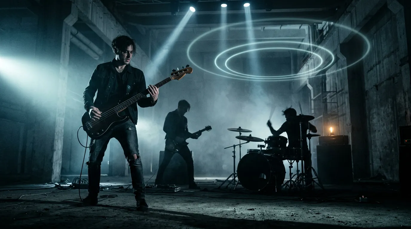 A post-punk band playing in a dim concrete warehouse, cold blue light cutting through haze and faint rings of light floating above the stage.