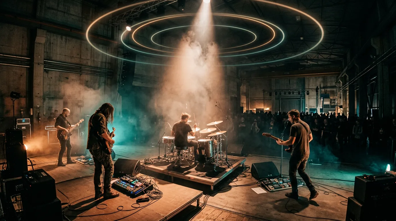 A band playing on a dim stage under a vast warehouse roof, guitarists bathed in soft amber light and faint rings of light floating in the haze above them.