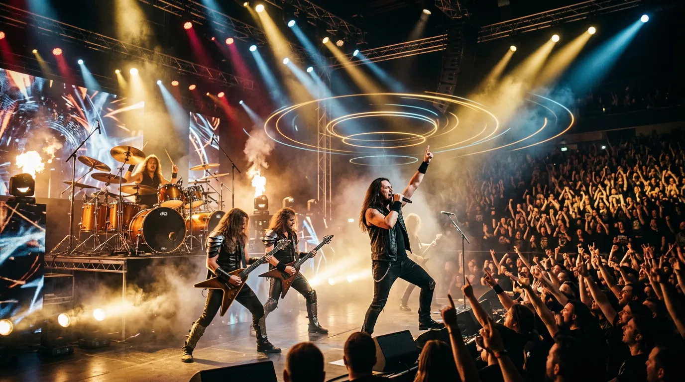 A power metal band on a large stage in a smoky hall, a singer with an arm raised under golden spotlights and faint rings of light floating above the crowd.
