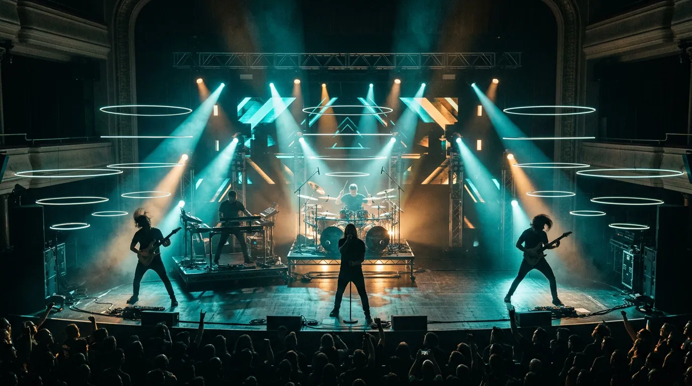 A progressive metal band on a large theatre stage with a wall of light panels, guitarists in silhouette and faint rings of light floating above the audience.