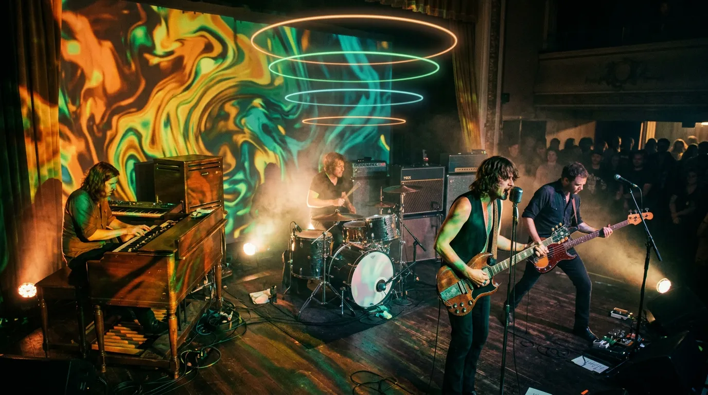 A rock band on a small stage bathed in swirling liquid light projections, warm oranges and greens, with faint rings of light floating in the haze above them.