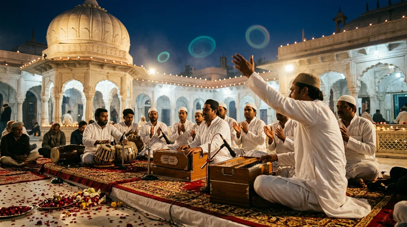 A qawwali party sits on carpets in a lamp-lit shrine courtyard with harmoniums, tabla and a clapping chorus, with faint rings of teal light floating in the warm air.