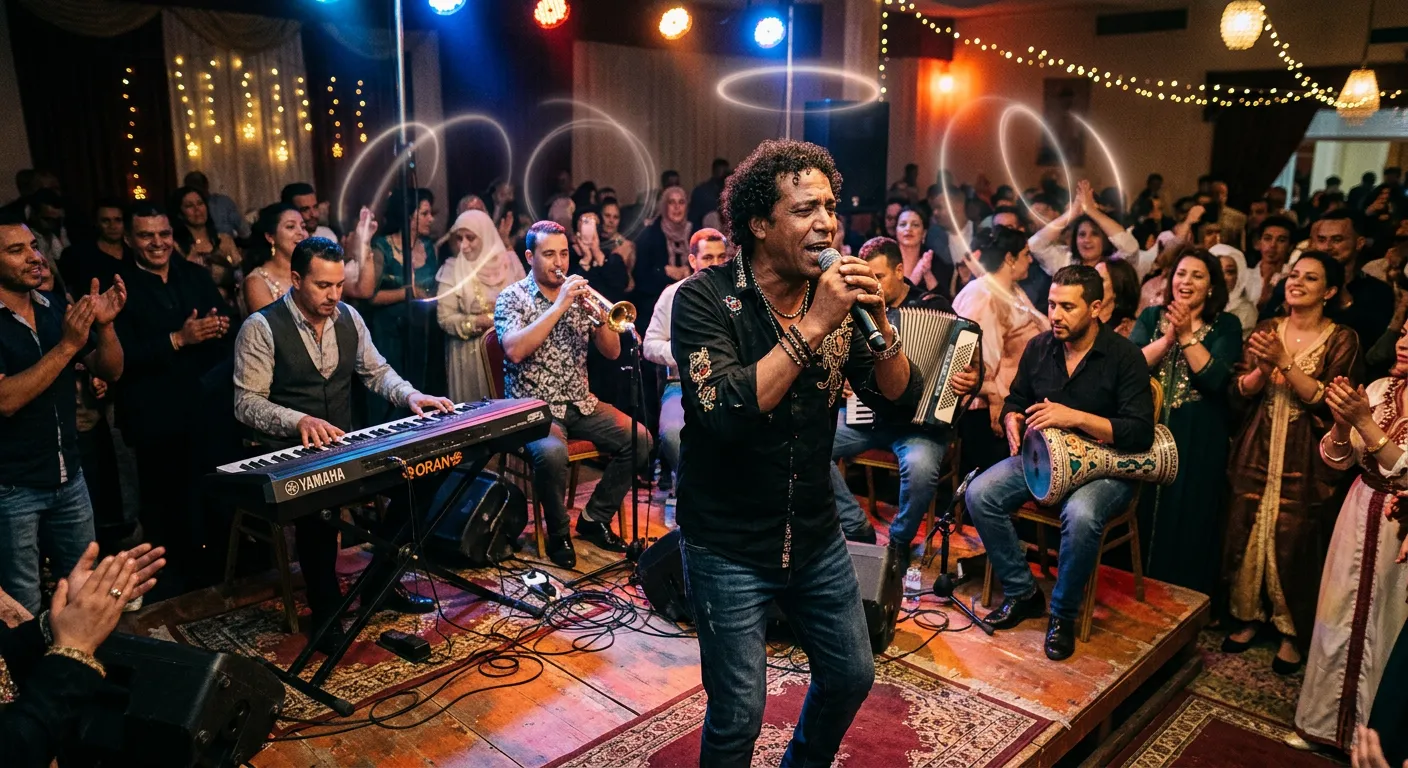 A raï singer with a microphone in front of a band with a keyboard, trumpet, accordion and darbuka playing at a lively wedding party in Oran, with faint rings of light floating in the air.