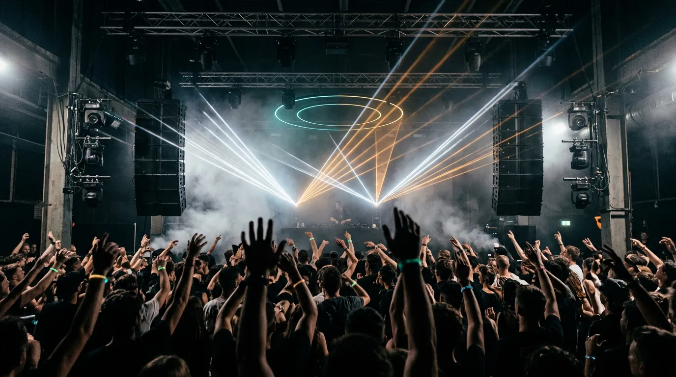 A dark industrial club seen from the crowd, sharp white and amber lasers cutting through haze above raised hands, with faint glowing rings of light floating in the air.