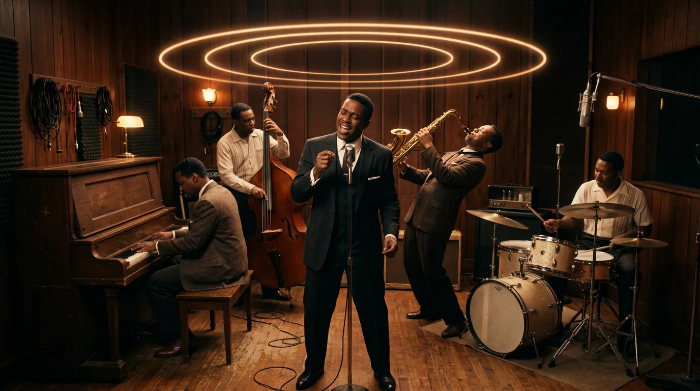 A 1950s rhythm and blues band recording in a small studio with a singer, a tenor saxophonist, a pianist and a drummer, warm lamps and faint rings of light floating above them.