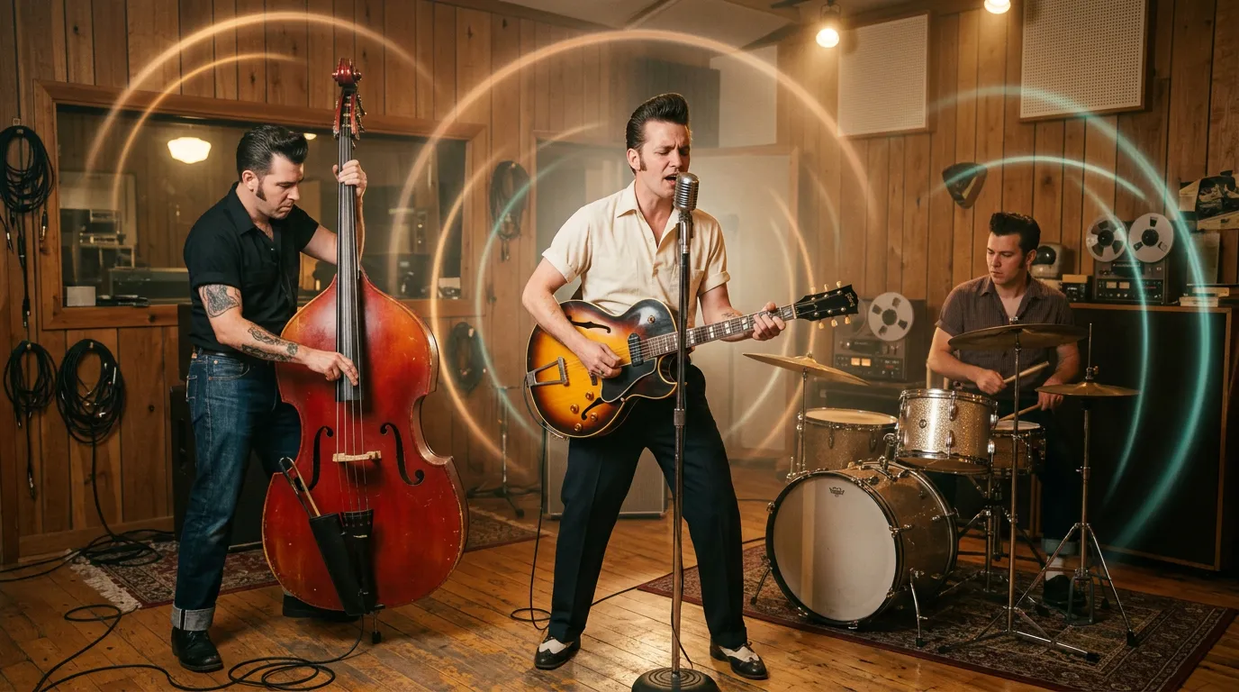 A small rockabilly band playing an upright bass and hollow-body guitar in a vintage studio, warm light and faint rings of light floating above them.