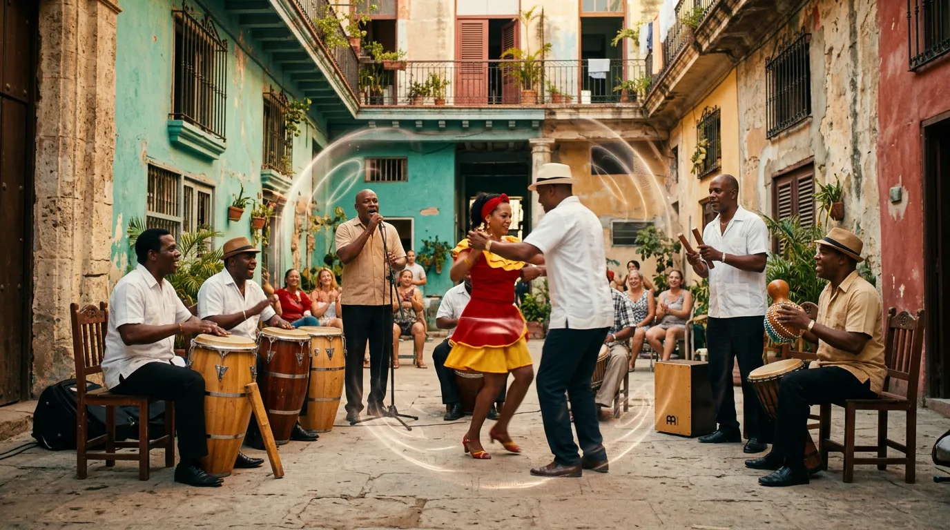 A Cuban rumba group with conga drums, clave and singers playing in a circle in a sunlit Havana courtyard as a couple dances, with faint rings of light floating in the air.