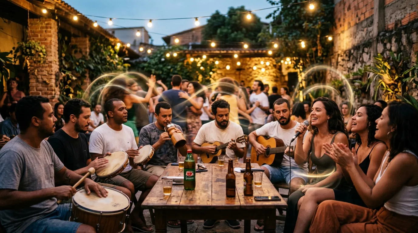 A samba group with surdo, pandeiro, tamborim, cavaquinho and seven-string guitar playing around a table in a Rio courtyard at dusk, with faint rings of light floating in the air.