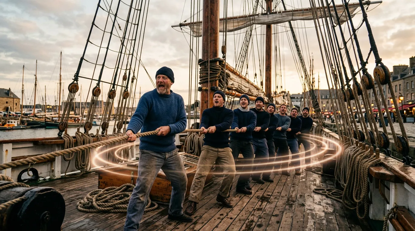 A crew of sailors singing a shanty while hauling on a rope on the wooden deck of a tall ship, the shantyman in front and faint rings of light floating above the deck.