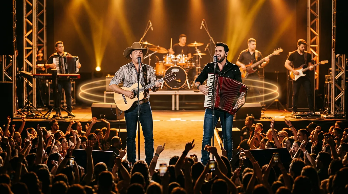 A Brazilian sertanejo duo singing together at the front of an arena stage with a viola caipira, accordion and full band behind them under warm stage lights, with faint rings of light floating in the air.
