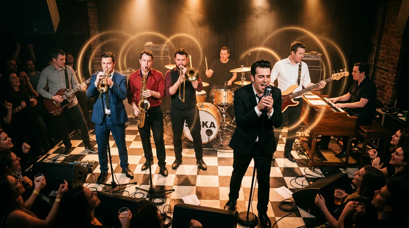 A ska band with trumpet, saxophone, trombone, electric guitar, organ, bass and drums playing on a small club stage with a black and white chequered floor, with faint rings of light floating in the air.